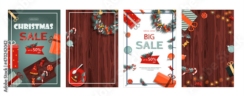 Set of flat vector banners Big Christmas sale. Cartoon Christmas template with festive decorations and food. New Year s card with a Christmas wreath, toys and garlands. Background for postcards and
