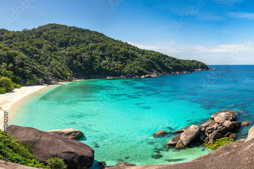 Tropical islands of ocean blue sea water and white sand beach at Similan Islands from famous viewpoint, Phang Nga Thailand nature landscape