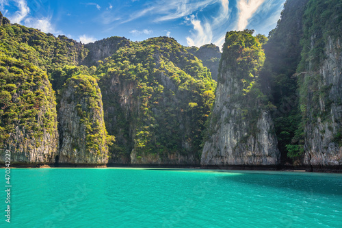 Tropical islands view with ocean blue sea water at Pileh Lagoon of Phi Phi Islands, Krabi Thailand nature landscape