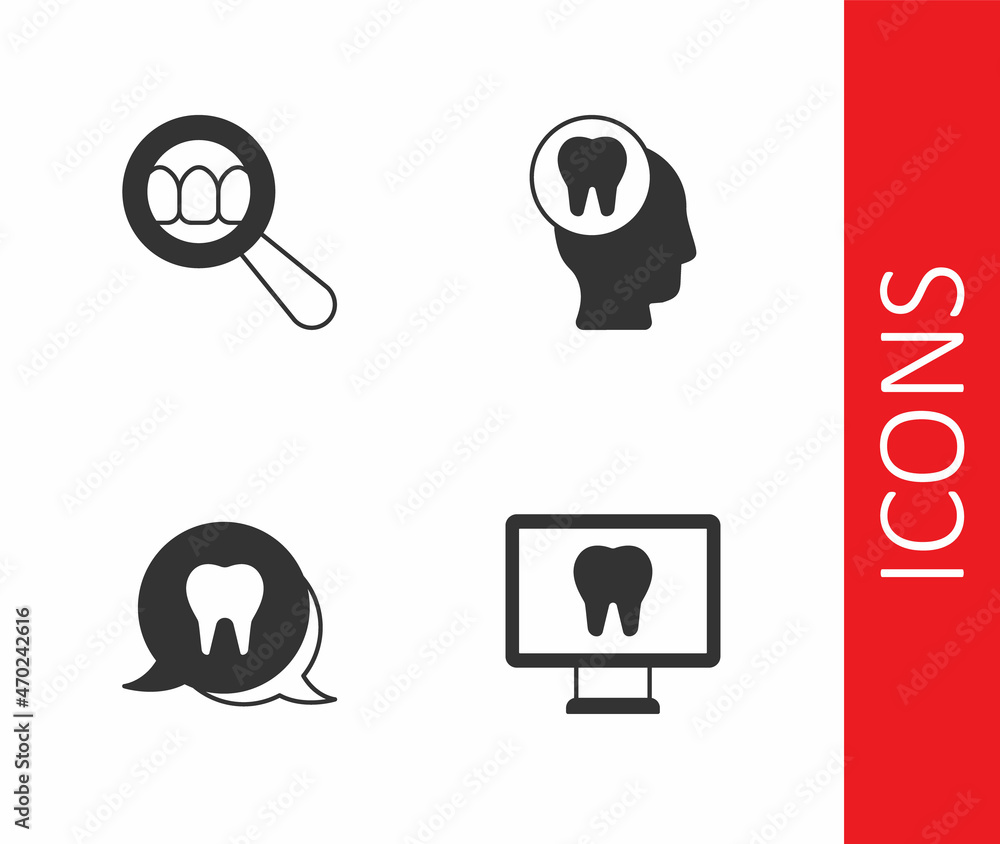 Set Online dental care, Dental search, Tooth and Toothache icon. Vector Set Online dental care, Dental search, Tooth and Toothache icon. Vector