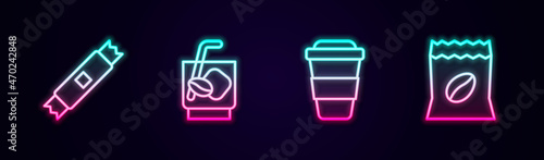 Set line Sugar stick packets, Espresso tonic coffee, Coffee cup go and Bag beans. Glowing neon icon. Vector