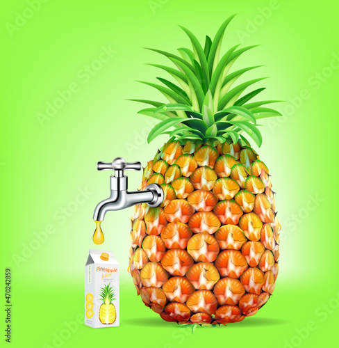 Fruit juice distilled from pineapple with water tap.juice package box .illustration vector