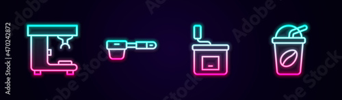Set line Coffee machine, filter holder, Manual coffee grinder and Iced. Glowing neon icon. Vector