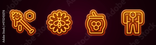 Set line Honey dipper stick, Bee flower, Jar of honey and and Beekeeper costume. Glowing neon icon. Vector