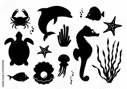 Sea life. Silhouettes ocean dwellers. Vector set.