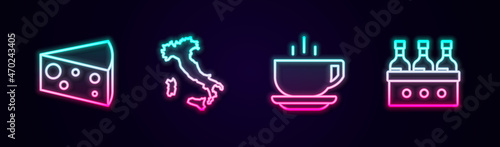 Set line Cheese, Map of Italy, Coffee cup and Bottles wine. Glowing neon icon. Vector