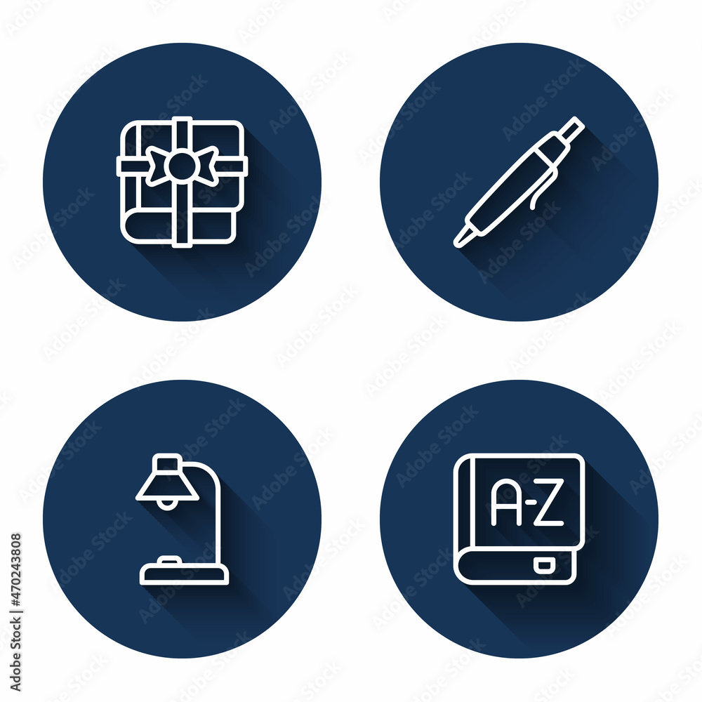 Set line Book as a gift, Pen, Table lamp and Translator book with long shadow. Blue circle button. Vector Set line Book as a gift, Pen, Table lamp and Translator book with long shadow. Blue circle button. Vector