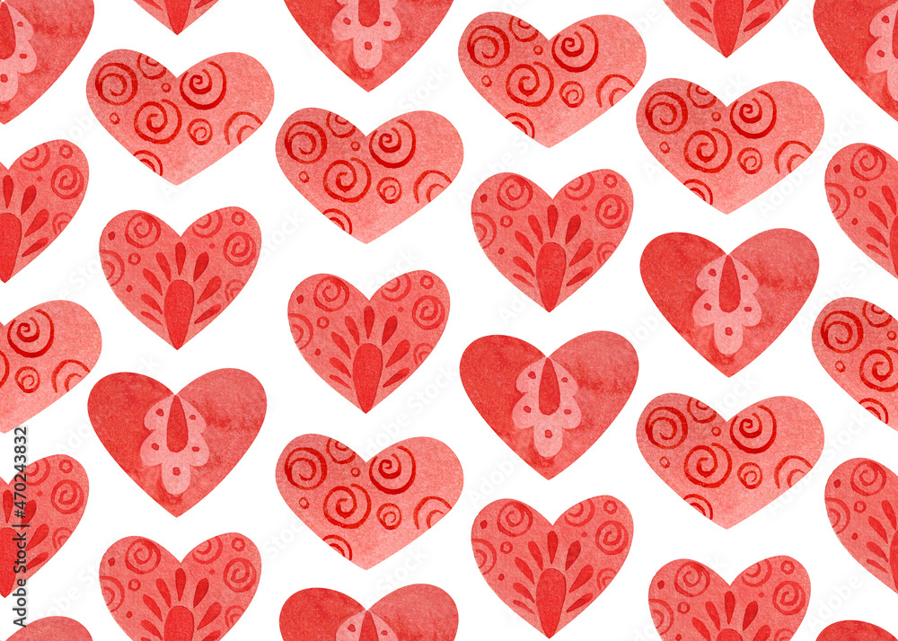 Seamless pattern with red hearts. Drawing in folklore style.