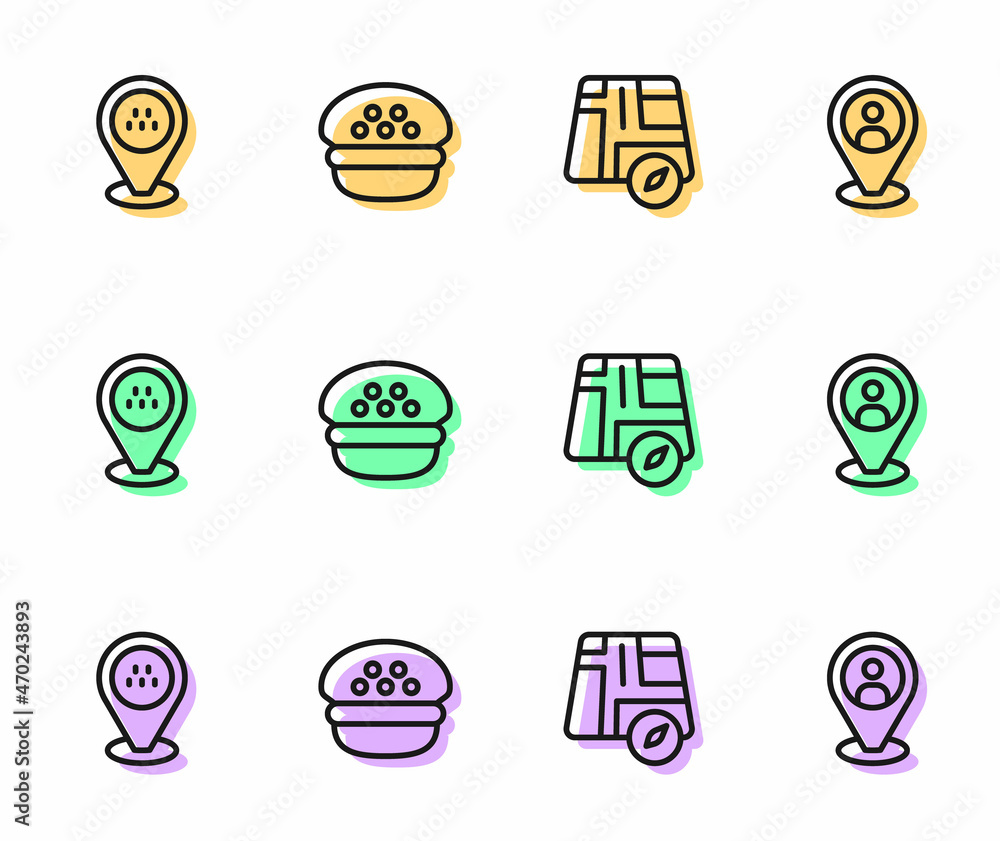 Set line Location taxi car, Taxi driver cap and client icon. Vector