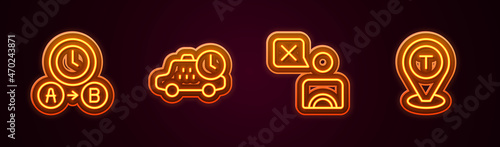 Set line Taxi waiting time, driver and Location taxi car. Glowing neon icon. Vector