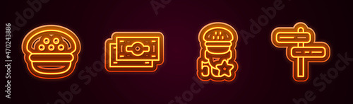 Set line Taxi driver cap, Stacks paper money cash, service rating and Road traffic sign. Glowing neon icon. Vector