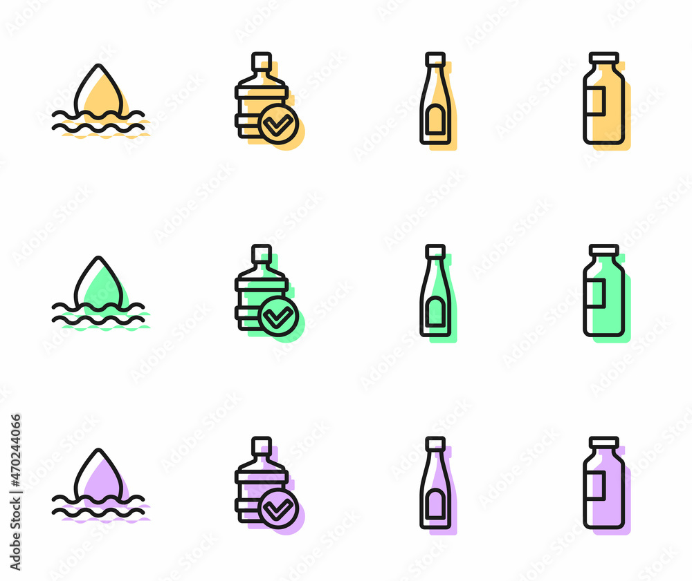Fototapeta premium Set line Bottle of water, Water drop, Big bottle with clean and icon. Vector