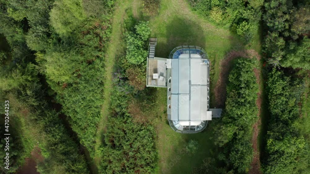 AERIAL TOP DOWN - An aluminium house from above in Scotland AERIAL TOP DOWN - An aluminium house from above in Scotland