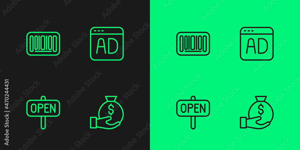 Set line Money bag, Hanging sign with text Open, Barcode and Advertising icon. Vector Set line Money bag, Hanging sign with text Open, Barcode and Advertising icon. Vector