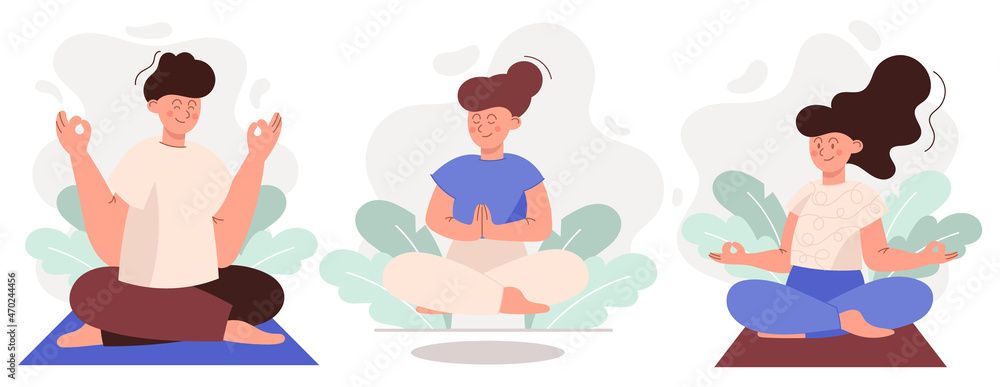 People in the lotus position, meditation. Flat style, cartoon. Isolated on white background. People in the lotus position, meditation. Flat style, cartoon. Isolated on white background.