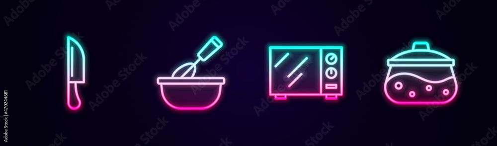 Set line Knife, Cooking whisk with bowl, Microwave oven and pot. Glowing neon icon. Vector Set line Knife, Cooking whisk with bowl, Microwave oven and pot. Glowing neon icon. Vector