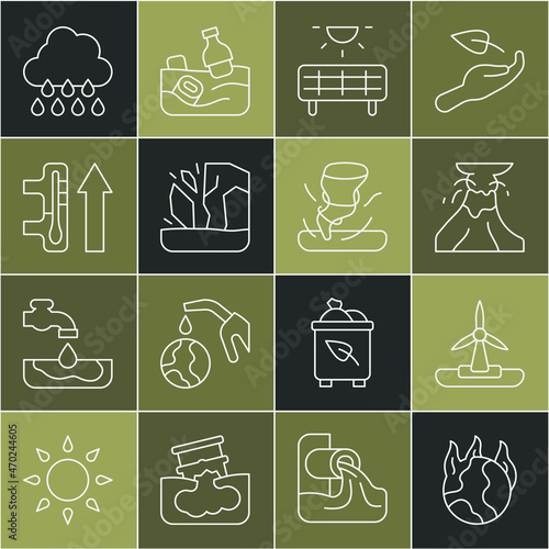 Set line Global warming fire, Wind turbine, Volcano eruption with lava, Solar energy panel, Glacier melting, Cloud rain and Tornado icon. Vector
