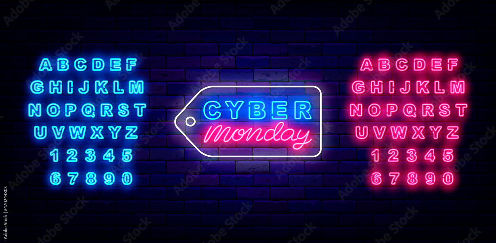 Cyber monday sale neon label. Luminous emblem for shop. Blue and pink alphabet. Isolated vector illustration Cyber monday sale neon label. Luminous emblem for shop. Blue and pink alphabet. Isolated vector illustration