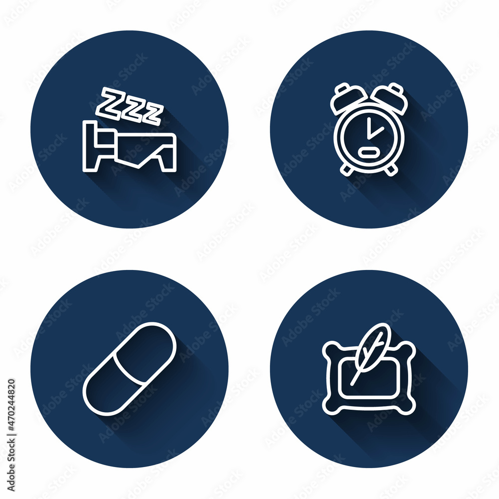 Set line Time to sleep, Alarm clock, Sleeping pill and Pillow with long shadow. Blue circle button. Vector Set line Time to sleep, Alarm clock, Sleeping pill and Pillow with long shadow. Blue circle button. Vector