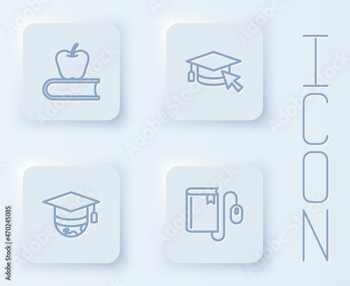 Set line Book with apple, Graduation cap cursor, globe and Electronic book mouse. White square button. Vector