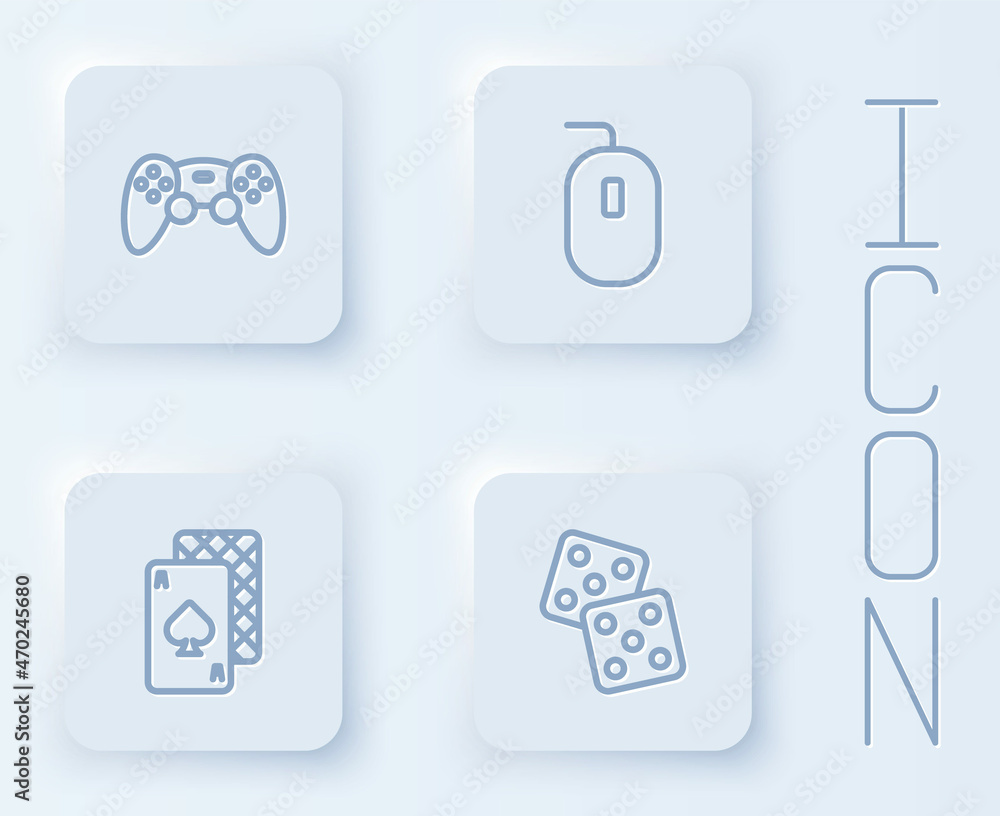 Set line Game controller or joystick, Computer mouse, Playing cards and dice. White square button. Vector