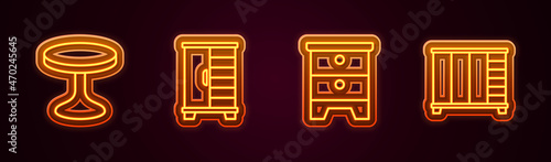 Set line Round table, Wardrobe, Furniture nightstand and . Glowing neon icon. Vector