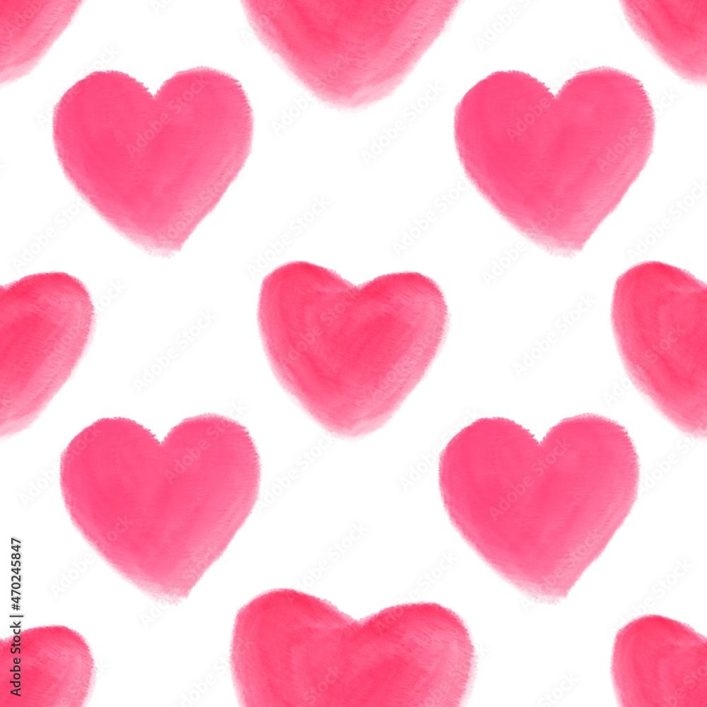 Watercolor Hand Drawn Bright Pink Hearts on White Background Seamless Pattern.