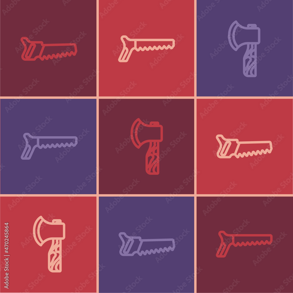 Set line Hand saw, Wooden axe and icon. Vector Set line Hand saw, Wooden axe and icon. Vector
