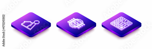 Set Isometric line Chip for board game, Table football and Bingo card icon. Vector