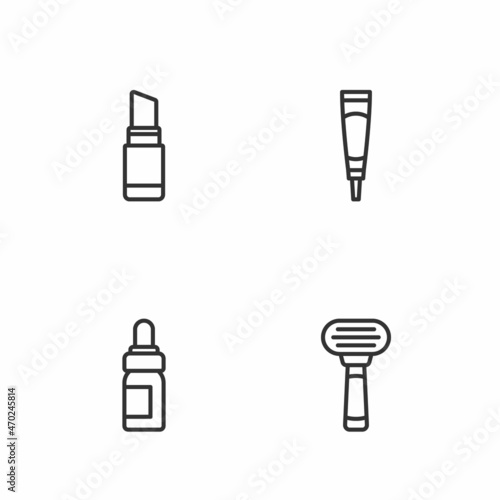 Set line Shaving razor  Essential oil bottle  Lipstick and Cream lotion cosmetic tube icon. Vector