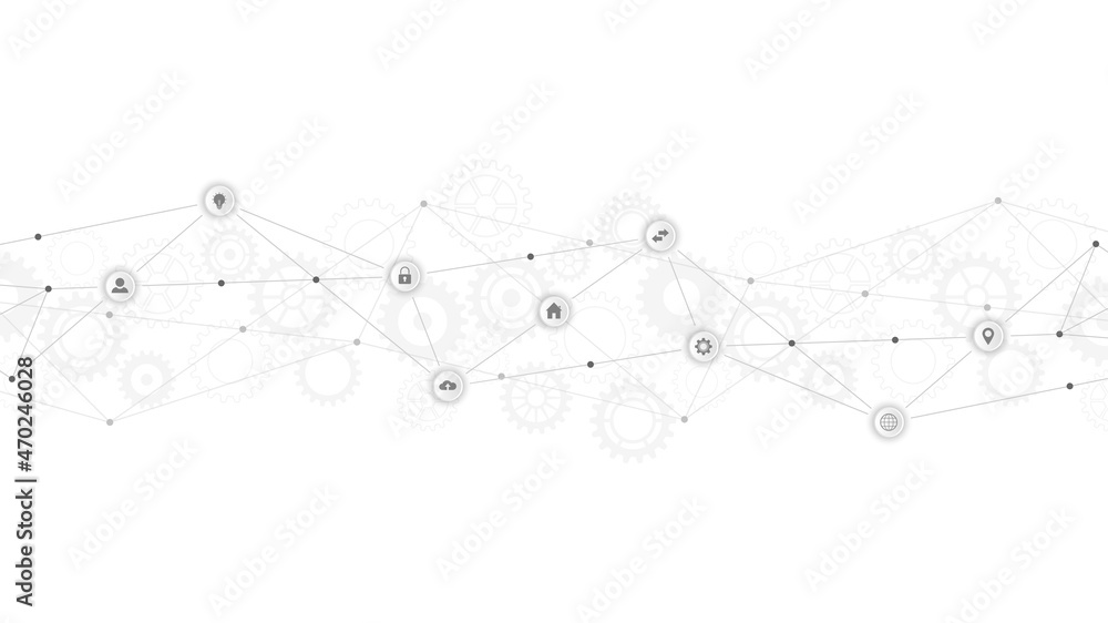 Obraz premium Information technology background with infographic elements and flat icons. Digital technology, network connection and communication concept