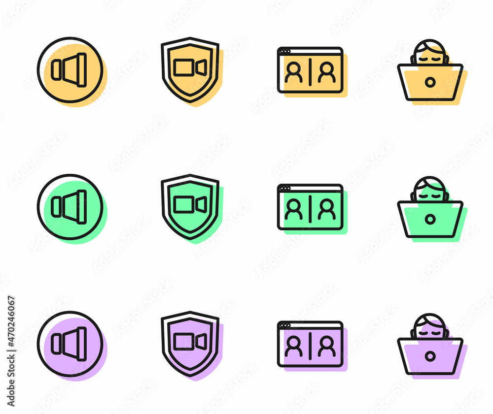 Set line Video chat conference, Speaker volume, and Freelancer icon. Vector Set line Video chat conference, Speaker volume, and Freelancer icon. Vector