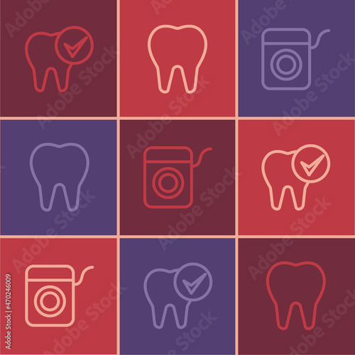 Set line Tooth, Dental floss and icon. Vector