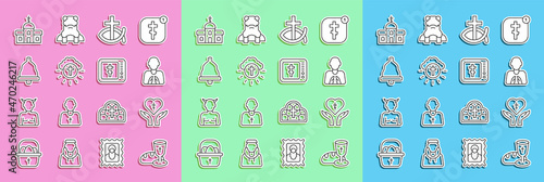 Set line Goblet and bread, Religious cross in heart, Hands praying position, Christian fish, circle, Church bell, building and Online church pastor preaching icon. Vector