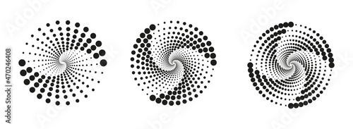 Dotted, dots, speckles abstract concentric circle. Spiral, swirl, twirl element.Circular and radial lines volute, helix.Segmented circle with rotation.Radiating arc lines.