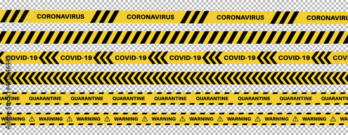 Strips of quarantine. Warning coronavirus quarantine yellow and black stripes. Isolated on transparent background. Vector © Tymofii