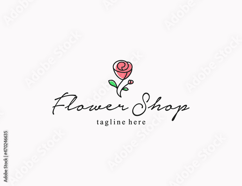 Flower shop logo template with line art rose icon