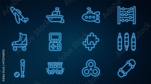 Set line Skateboard, Marker pen, Submarine toy, Tetris electronic game, Roller skate, Toy plane, Puzzle pieces and boat icon. Vector
