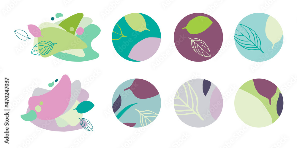 Set of round abstract backgrounds with leaves. Vector illustration. Illustration for mobile apps, social media icons templates, designs, posters and advertisements.