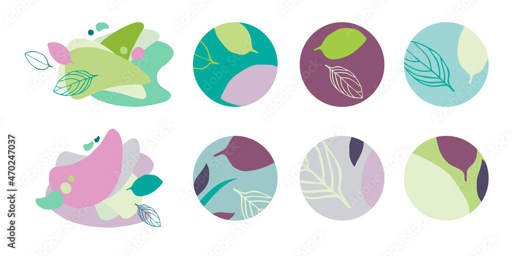 Set of round abstract backgrounds with leaves. Vector illustration. Illustration for mobile apps, social media icons templates, designs, posters and advertisements. Set of round abstract backgrounds with leaves. Vector illustration. Illustration for mobile apps, social media icons templates, designs, posters and advertisements.