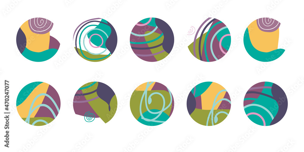 Set of round abstract backgrounds with colored spots and lines. Vector illustration. Illustration for mobile apps, social media icons templates, designs, posters and advertisements. Set of round abstract backgrounds with colored spots and lines. Vector illustration. Illustration for mobile apps, social media icons templates, designs, posters and advertisements.