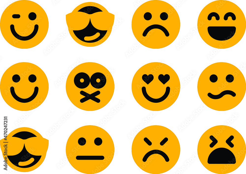 smiles Emoticons set icon. Emoji faces collection. Emojis flat style. Happy and sad emoji. Yellow smiley icon