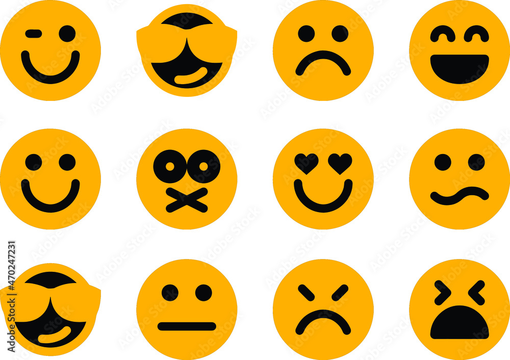smiles Emoticons set icon. Emoji faces collection. Emojis flat style. Happy and sad emoji. Yellow smiley icon smiles Emoticons set icon. Emoji faces collection. Emojis flat style. Happy and sad emoji. Yellow smiley icon