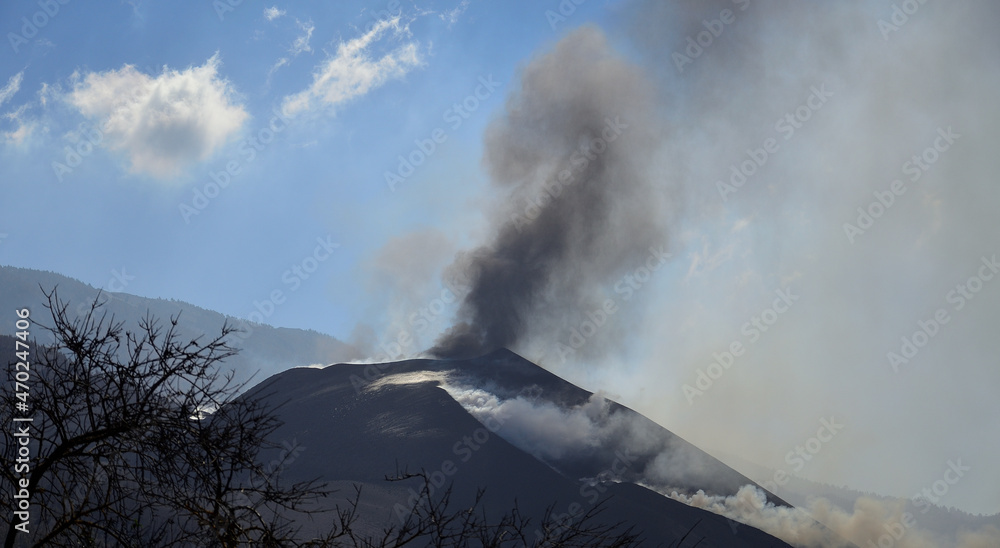 Volcano in full eruption, bushes in the foreground and blue sky in the background, La Palma Island, Spain