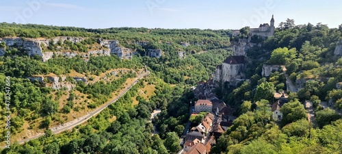 A view of the French town of Rocamadour on a sunny day.