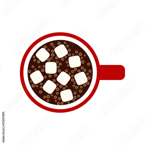 Cup with drink and marshmallow view top. Flat style. Design for greeting card, banner, poster. Vector illustration.