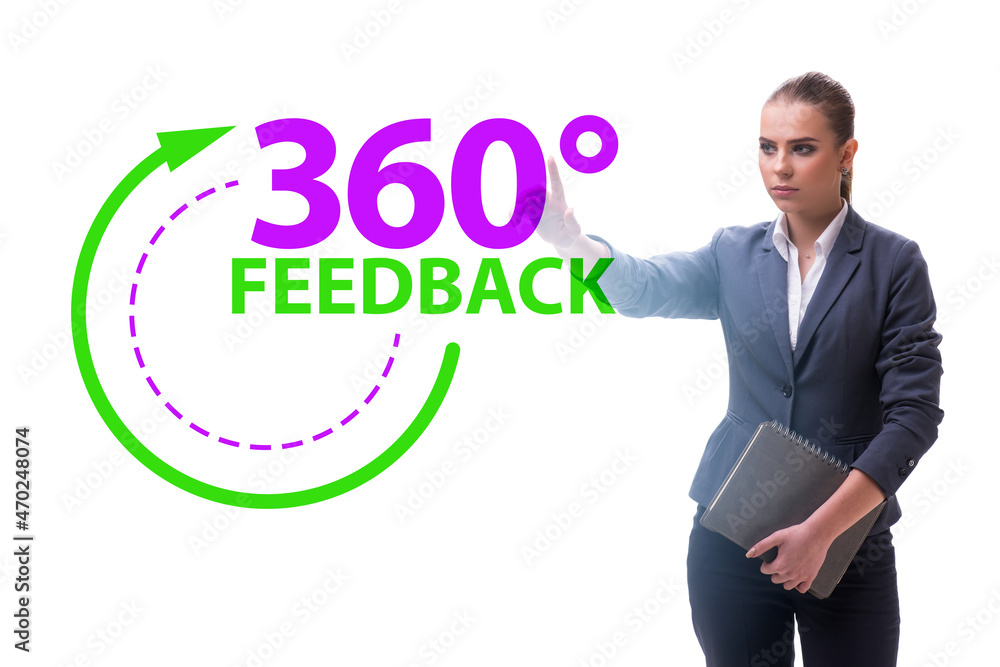 360 degree concept with businesswoman pressing button 360 degree concept with businesswoman pressing button