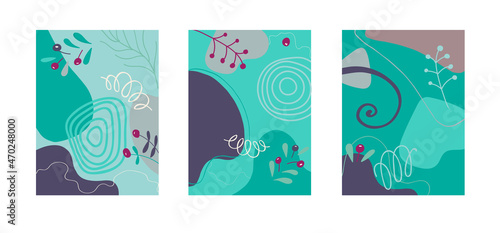 Vector set of abstract background templates. With abstract organic shapes, lines, curls, branches and berries. Illustration for mobile apps, social media posts, designs, banners and advertisements.
