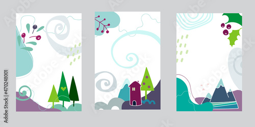 Vector set of abstract background templates. With abstract shapes, lines, trees, house, branches and berries. Illustration for mobile apps, social media posts, designs, banners and advertisements.