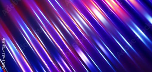 Striped neon lights background, abstract purple blue liquid metal wavy design, 3D render illustration. 